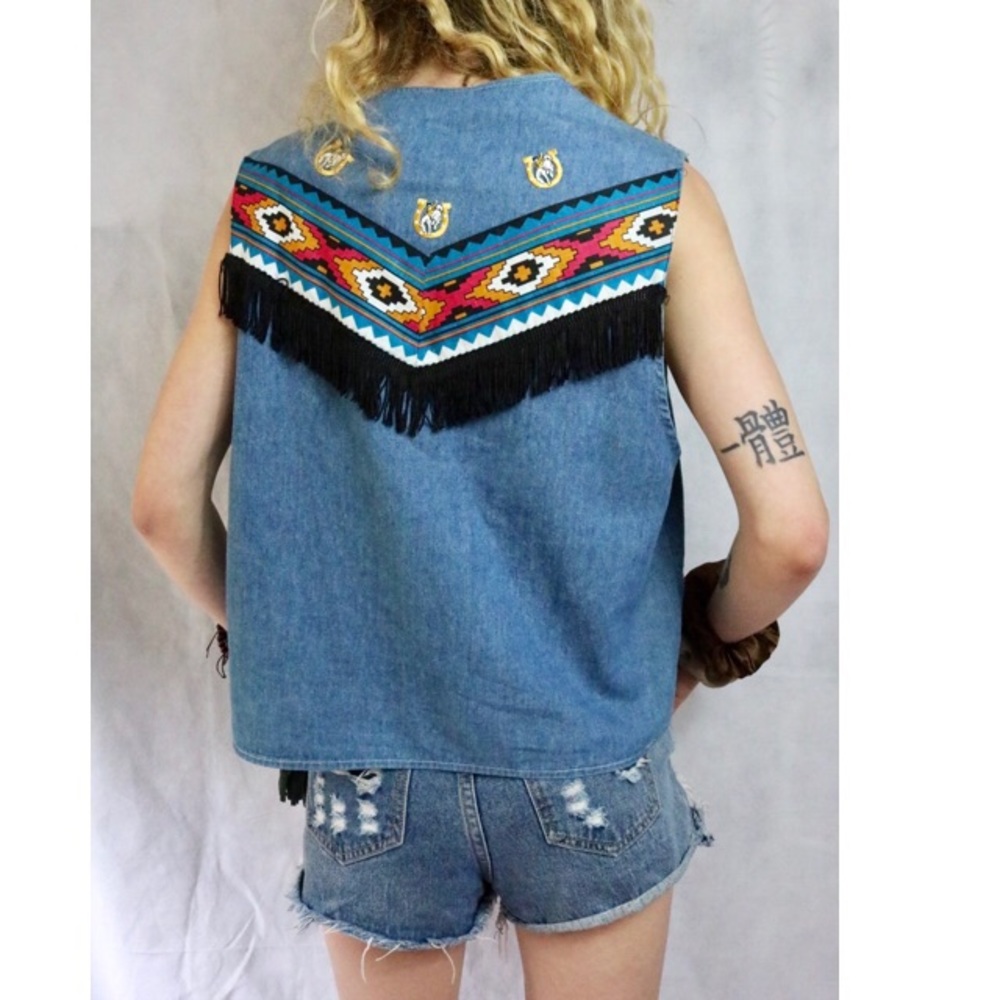 VINTAGE Fringe Denim Jean Jacket Embroidery Vest !